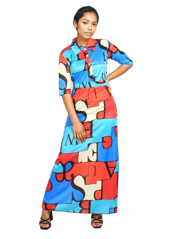Geometric Pleated Button Maxi Dress