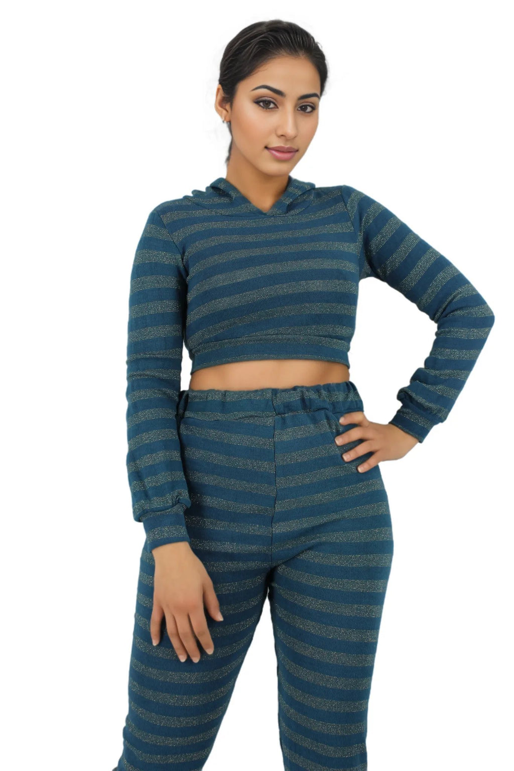 Glitter Hoodie Crop Top Two Piece Pants Set XD21