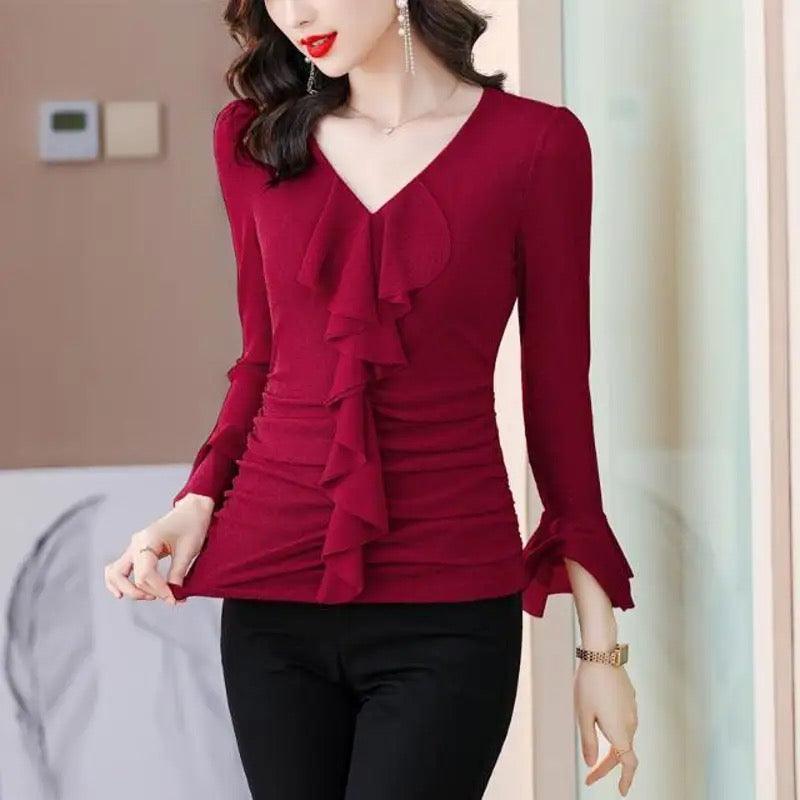 Ruffles Spliced V-Neck Top - XD21