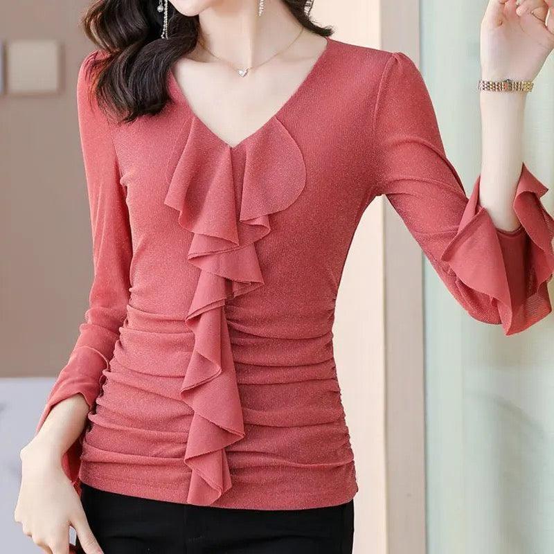 Ruffles Spliced V-Neck Top - XD21