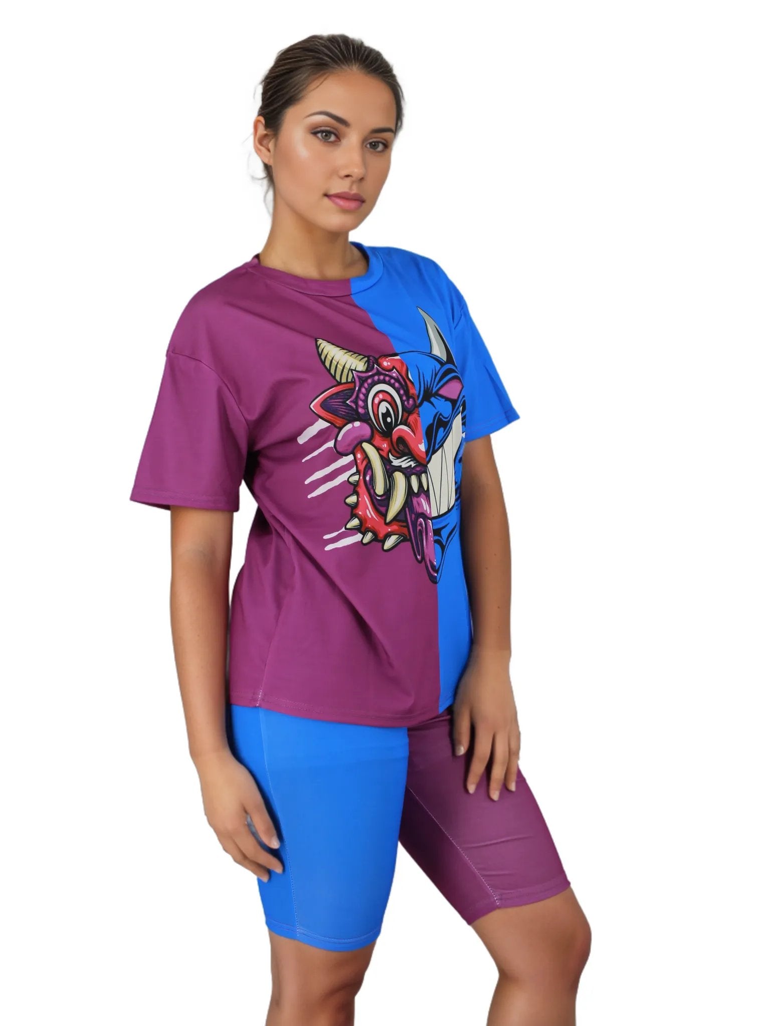 Graphic Colour Block Shorts And Top Two Piece Set XD21