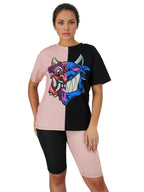 Graphic Colour Block Shorts And Top Two Piece Set XD21