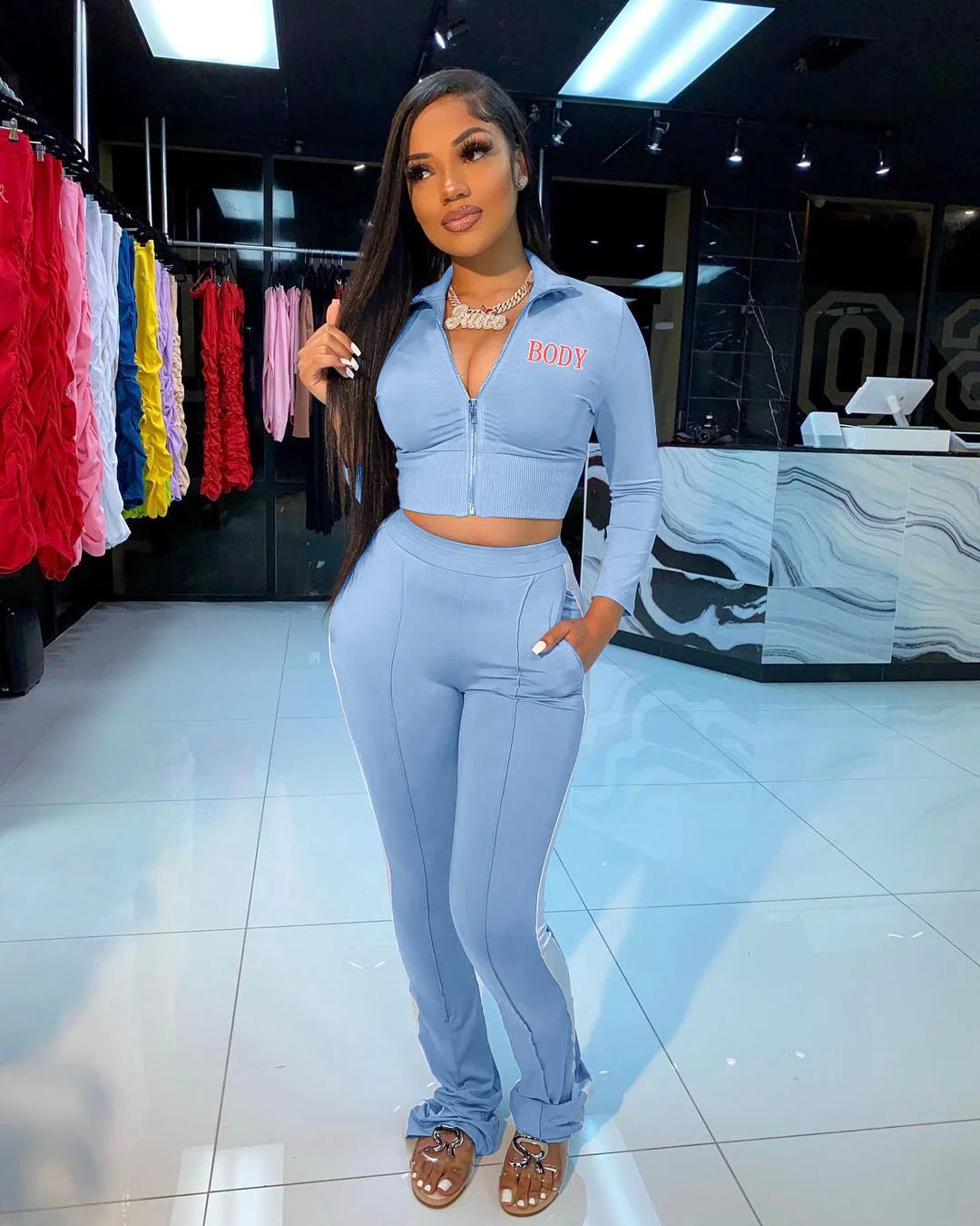Graphic Two Piece Pants Crop Top Set XD21