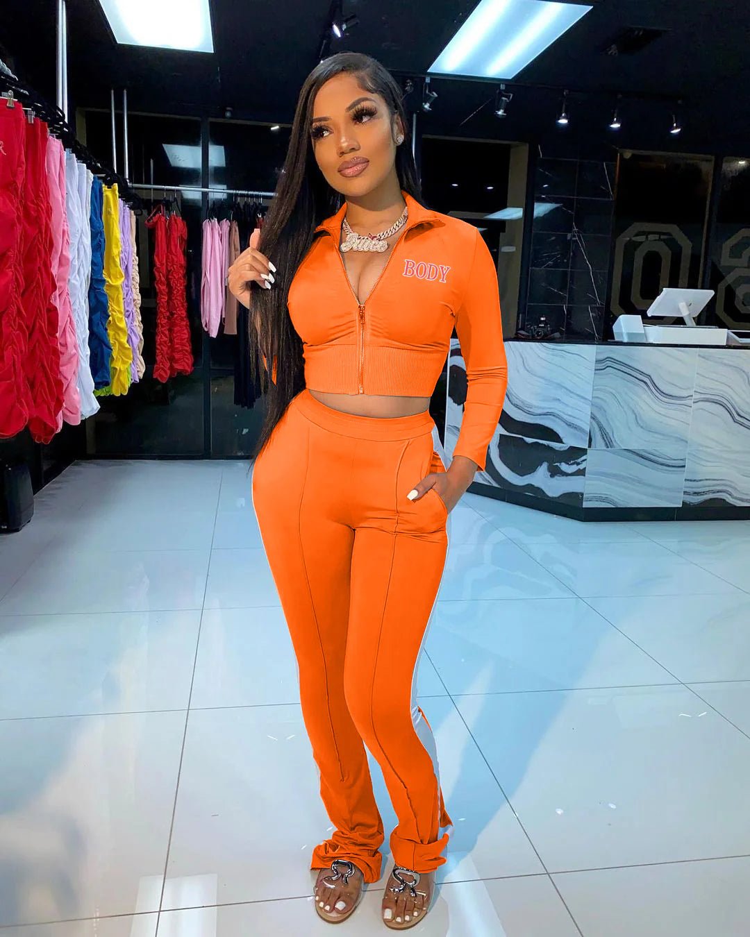 Graphic Two Piece Pants Crop Top Set XD21