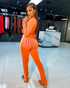 Graphic Two Piece Pants Crop Top Set XD21