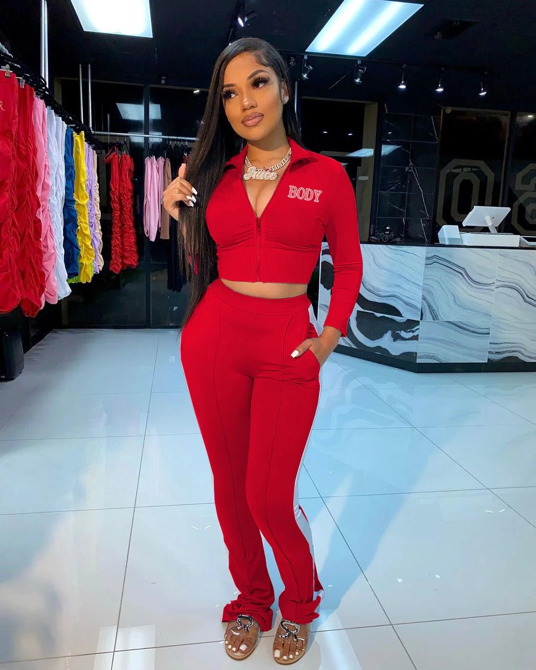 Graphic Two Piece Pants Crop Top Set XD21