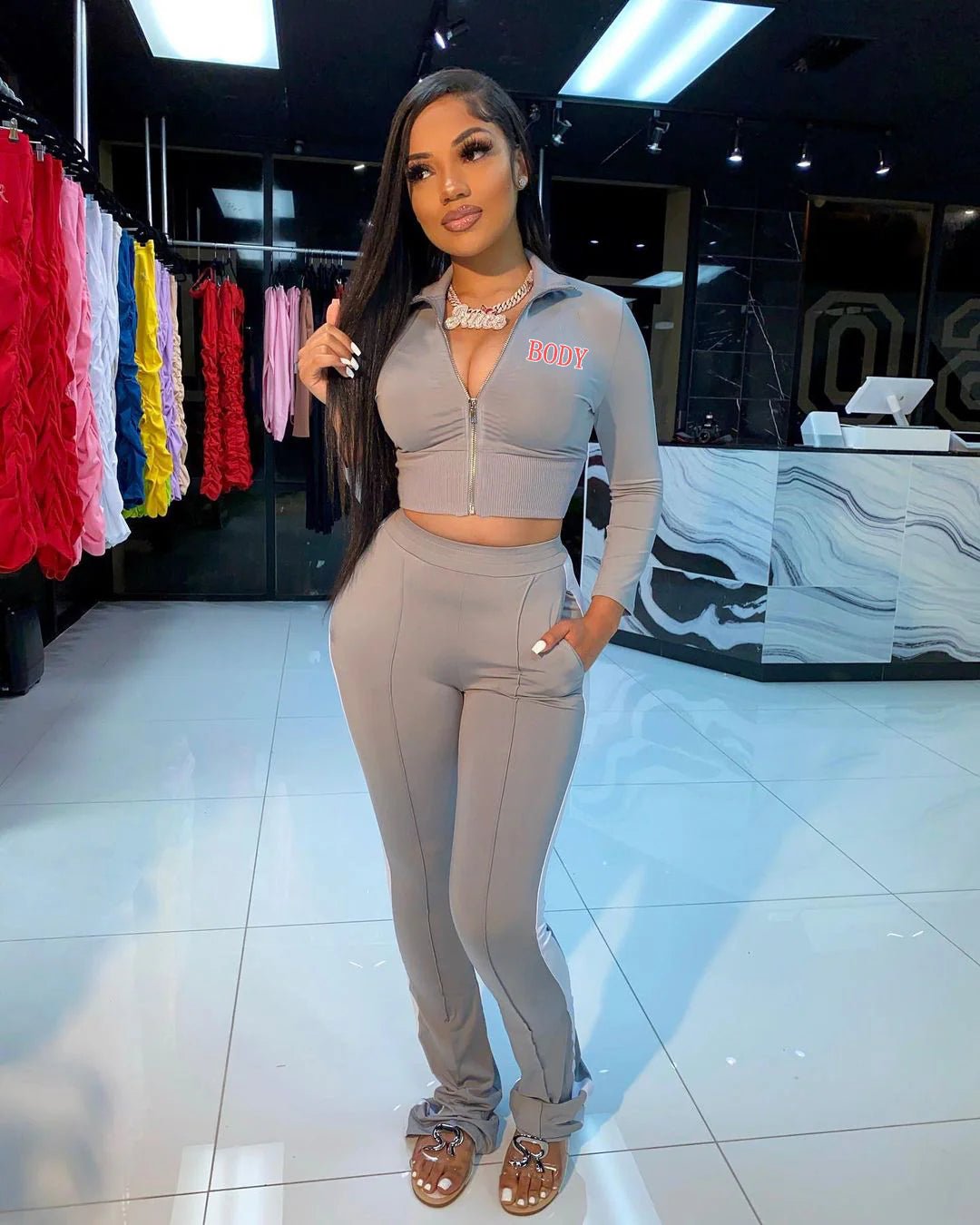 Graphic Two Piece Pants Crop Top Set XD21