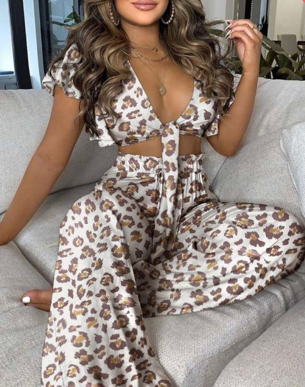 Graphic Wrap Top and Long Pants Set XD21