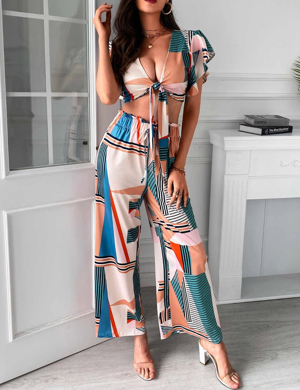 Graphic Wrap Top and Long Pants Set XD21