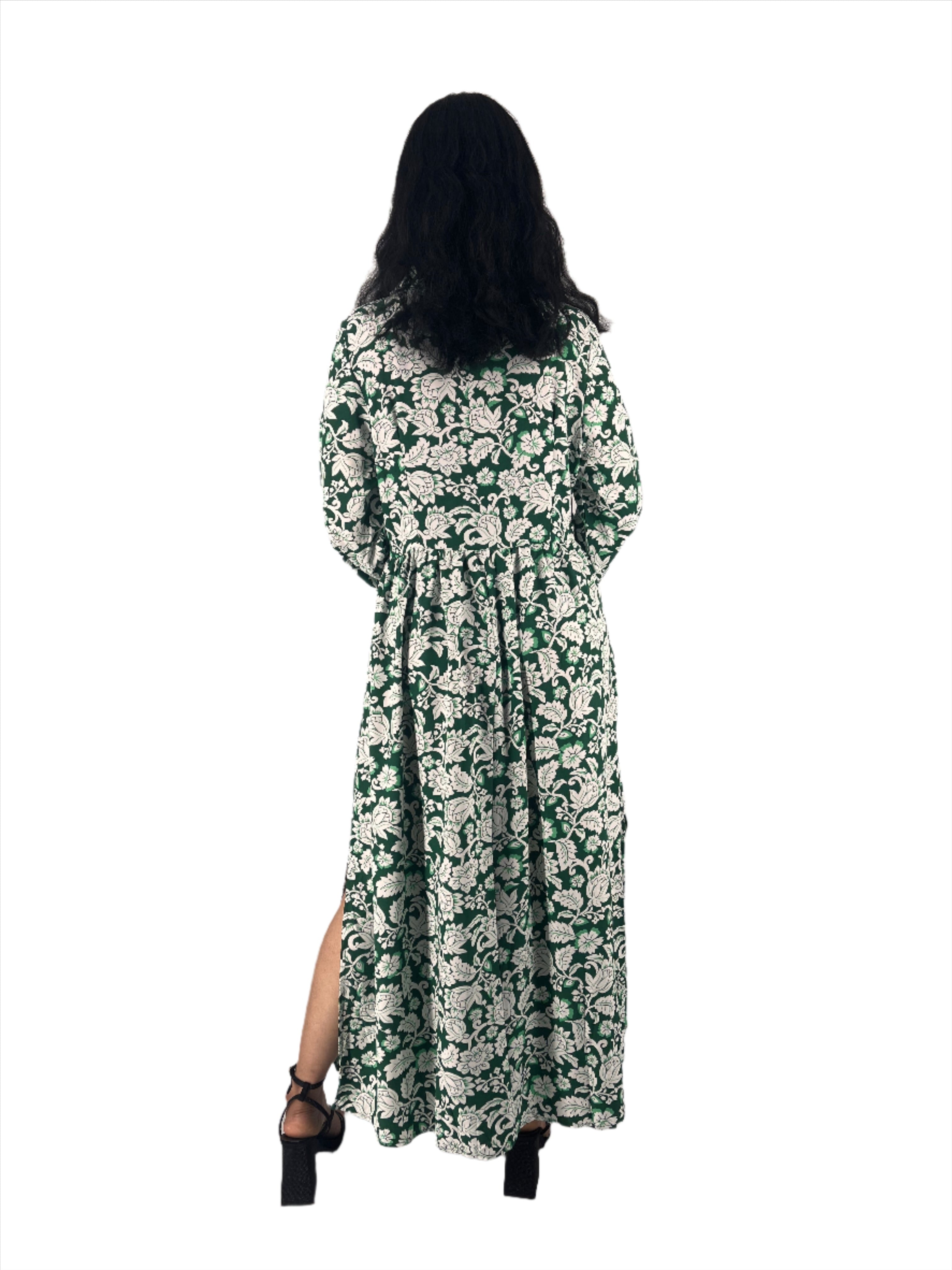 Green Floral Shirt Maxi Dress With Slit XD21