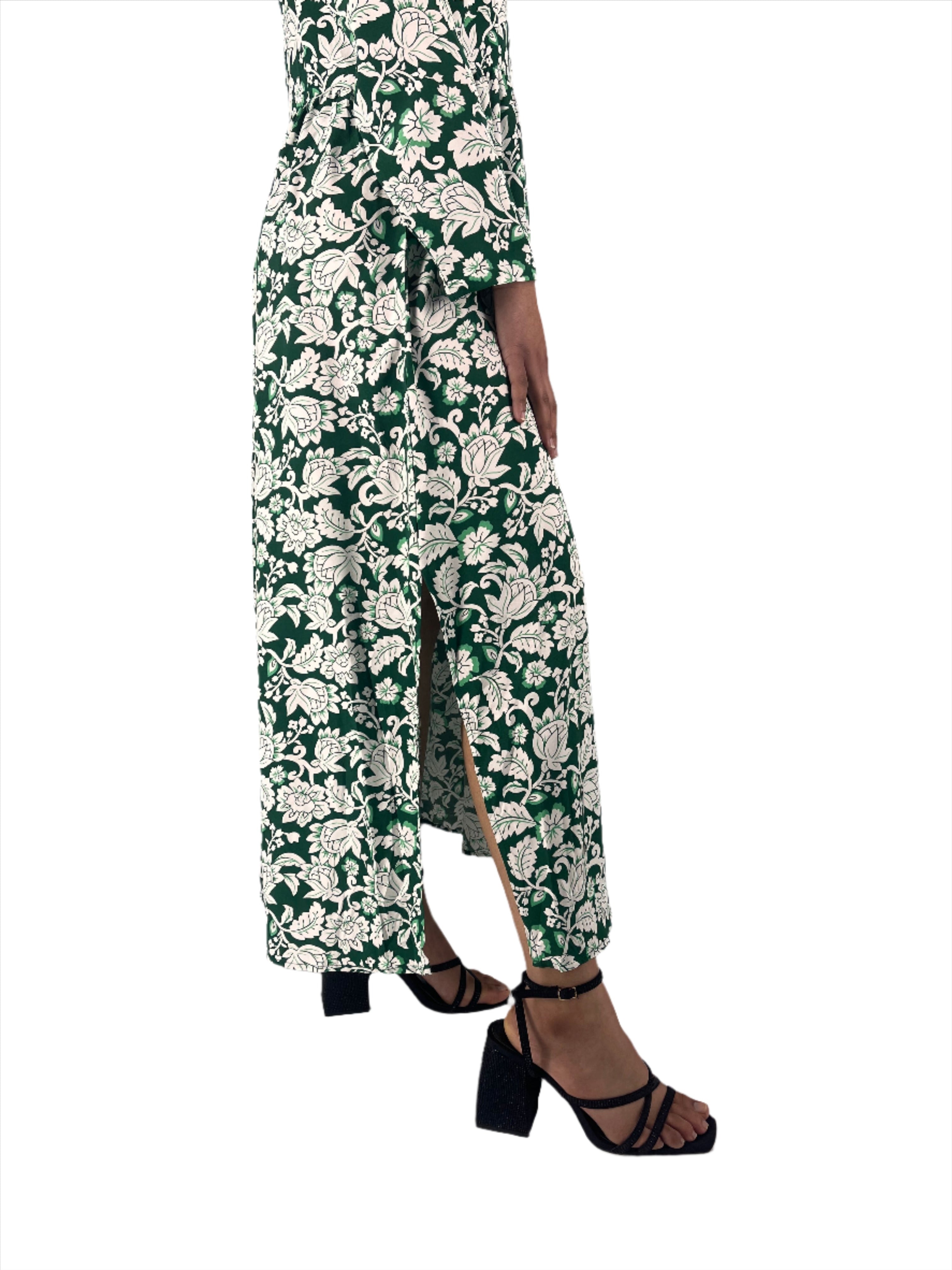 Green Floral Shirt Maxi Dress With Slit XD21