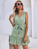 Green Polka Dot Ruffle Hem Belted Dress XD21