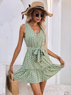Green Polka Dot Ruffle Hem Belted Dress XD21