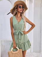 Green Polka Dot Ruffle Hem Belted Dress XD21