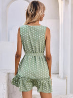 Green Polka Dot Ruffle Hem Belted Dress XD21