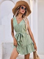 Green Polka Dot Ruffle Hem Belted Dress XD21