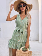 Green Polka Dot Ruffle Hem Belted Dress XD21