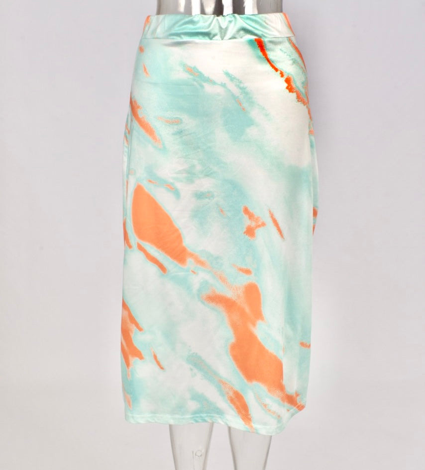 Green wave pencil midi skirt XD21