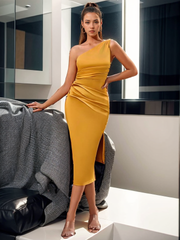 One Shoulder Ruched Side Bodycon Midi Dress
