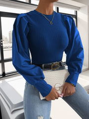 Ribbed knitted top puff sleeve blouse