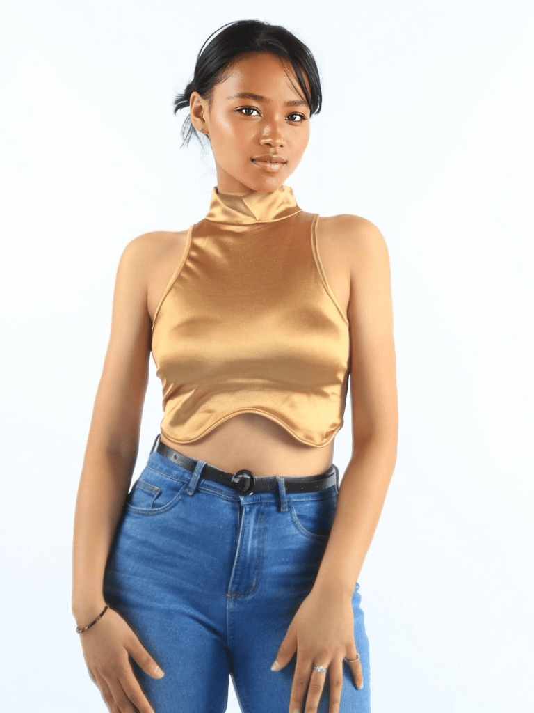 Asymmetrical Satin Turtle Neck Cropped Top