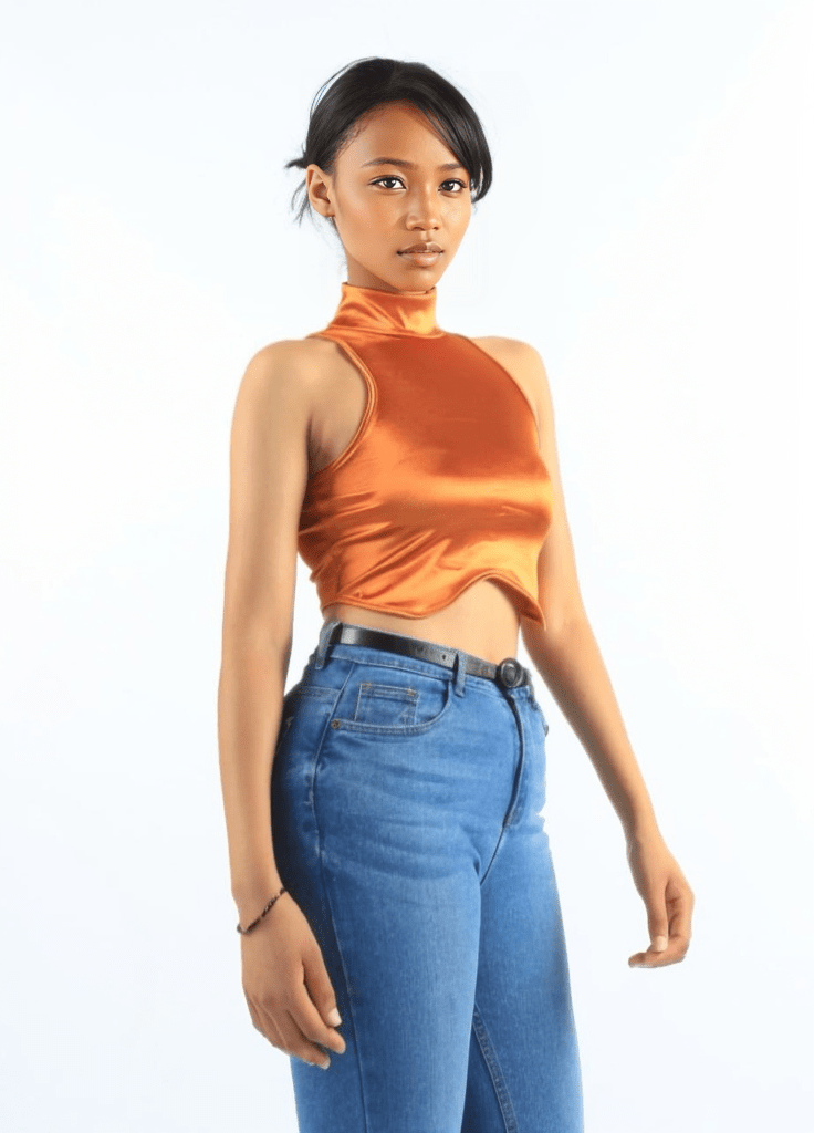 Asymmetrical Satin Turtle Neck Cropped Top