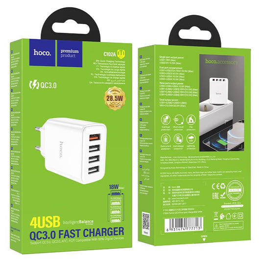 HOCO C102A Fast USB Adapter 28.5 Watt with 4 Multiple USB Ports XD21