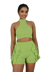 Halter Neck Band Crop Top and Frilled Shorts Set XD21