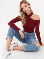 Halter Neck Off Shoulder Long Sleeve Sweater XD21
