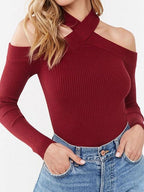 Halter Neck Off Shoulder Long Sleeve Sweater XD21