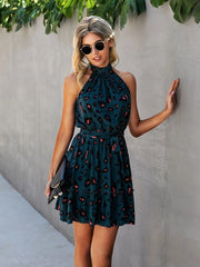 Halter belted ruffle hem leopard print dress without belt XD21