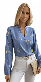 Heart Print Notched Neck Blouse XD21