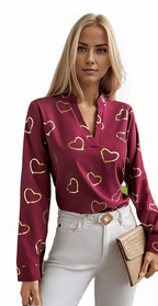 Heart Print Notched Neck Blouse XD21