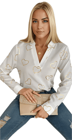 Heart Print Notched Neck Blouse XD21