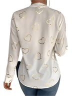 Heart Print Notched Neck Blouse XD21