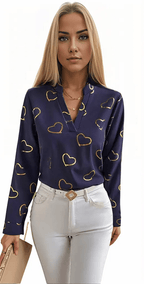 Heart Print Notched Neck Blouse XD21