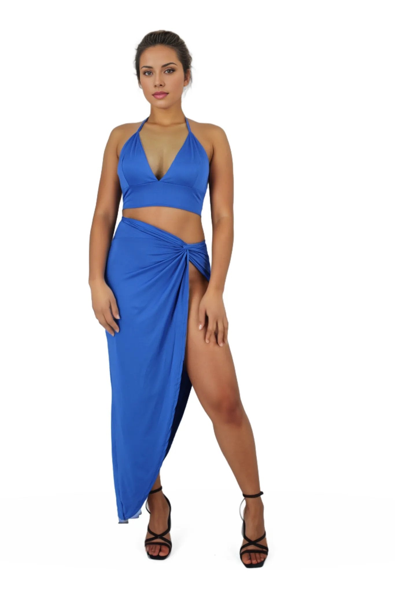 High Slit Knot Maxi Skirt With Tie Back Crop Top Set XD21