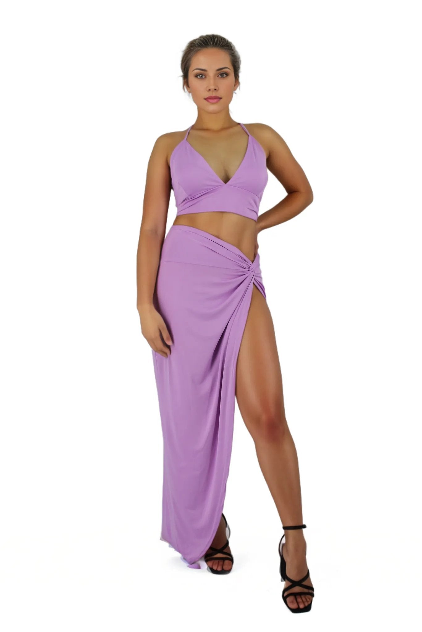 High Slit Knot Maxi Skirt With Tie Back Crop Top Set XD21