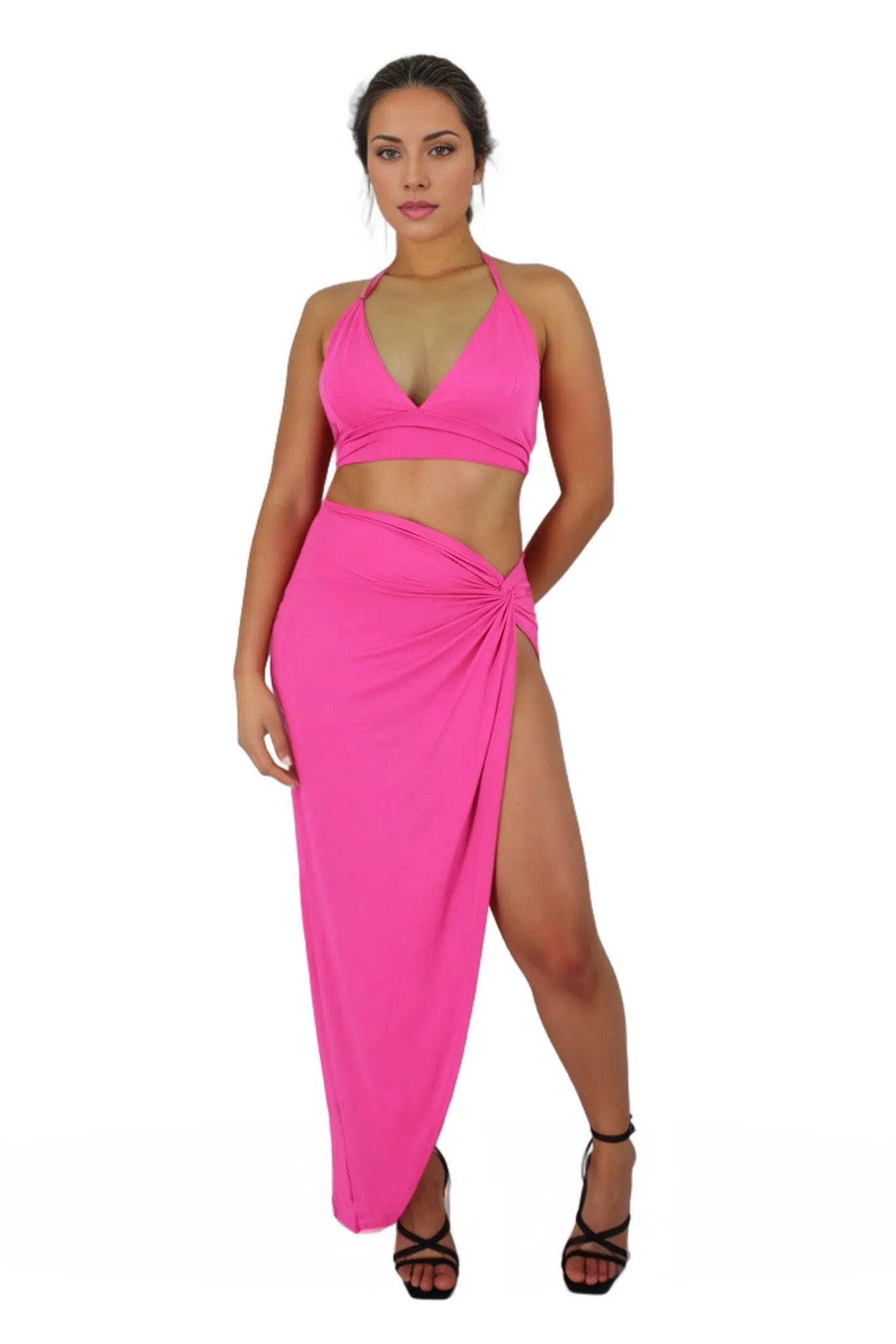 High Slit Knot Maxi Skirt With Tie Back Crop Top Set PINK S