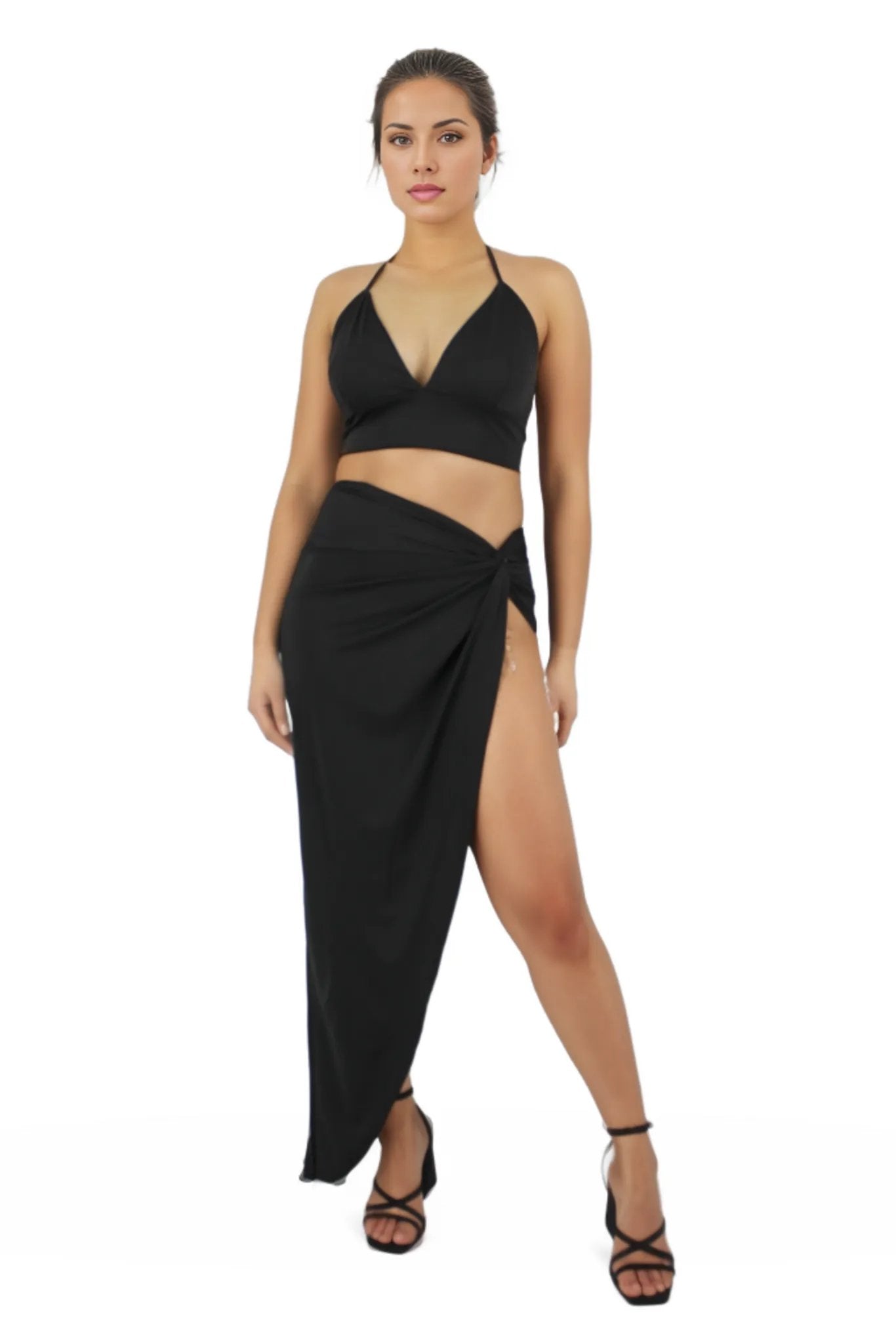 High Slit Knot Maxi Skirt With Tie Back Crop Top Set XD21