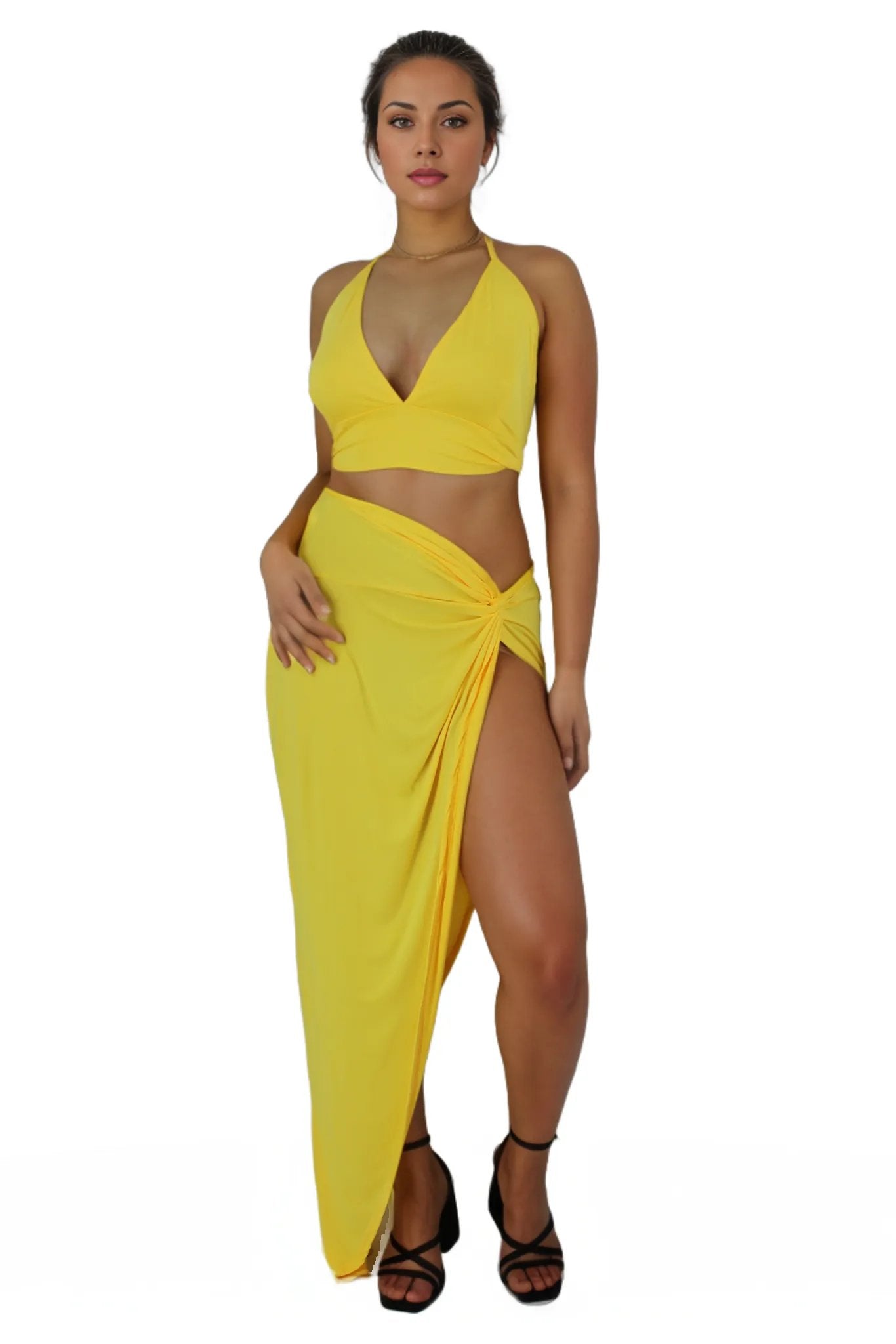 High Slit Knot Maxi Skirt With Tie Back Crop Top Set XD21
