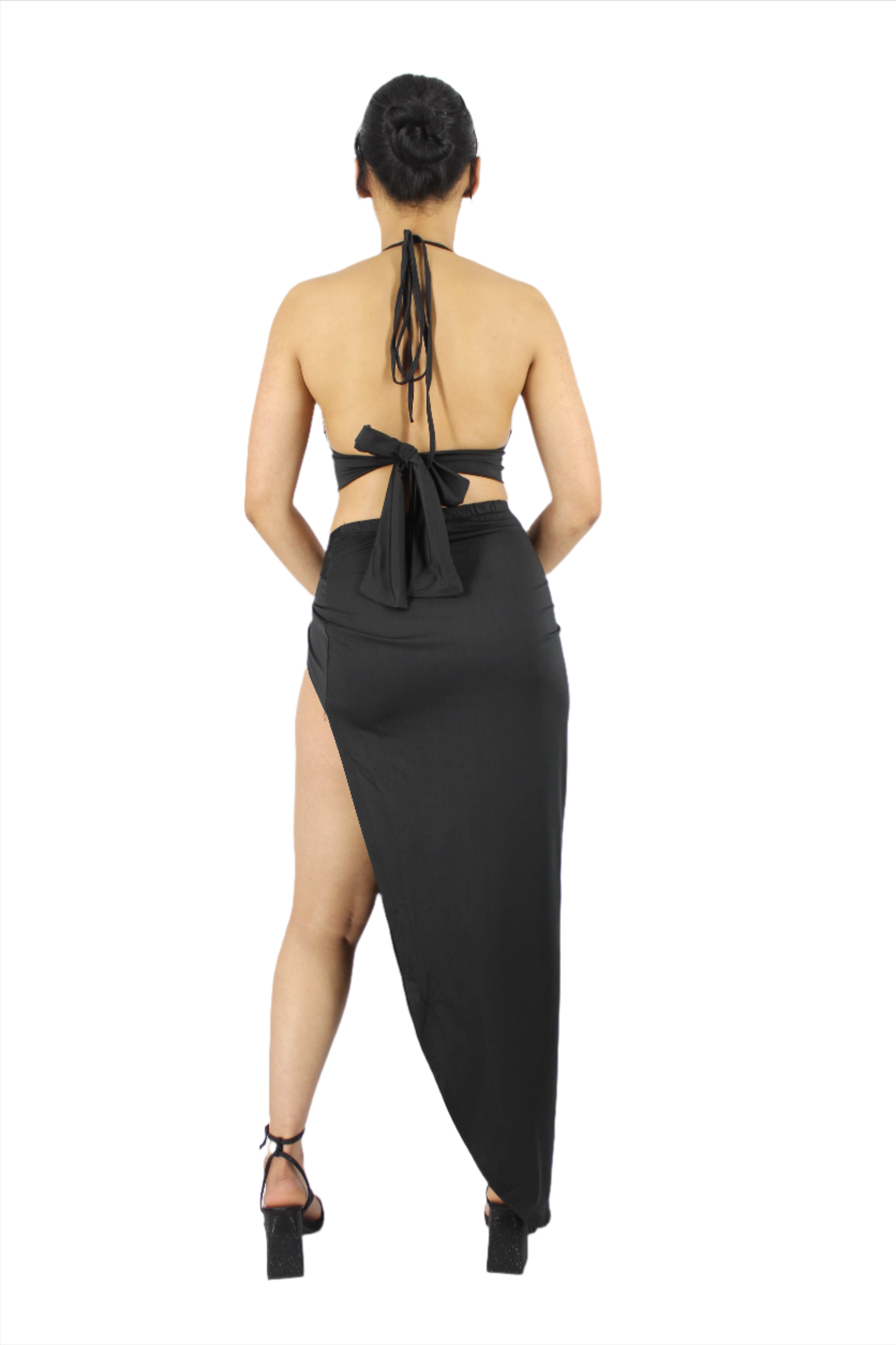 High Slit Knot Maxi Skirt With Tie Back Crop Top Set XD21