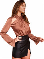 Long sleeve hallow out satin work office blouse - XD21