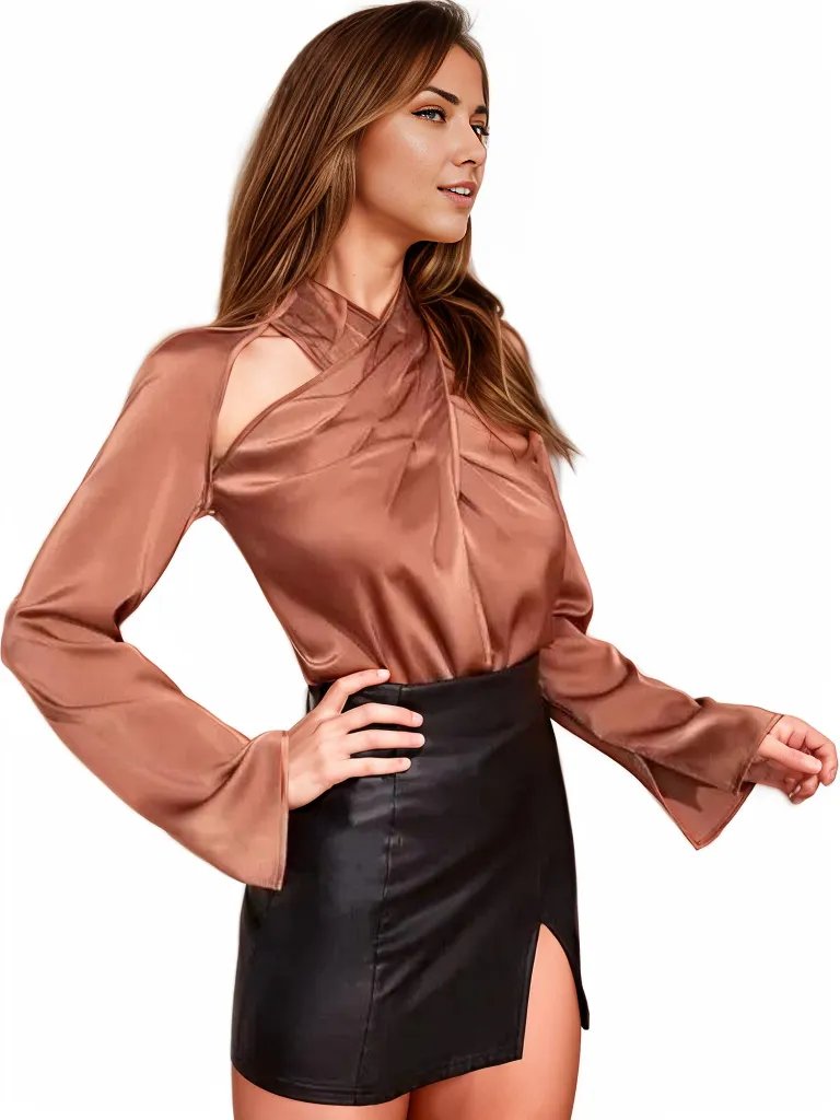 Long sleeve hallow out satin work office blouse - XD21