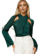 Long sleeve hallow out satin work office blouse - XD21