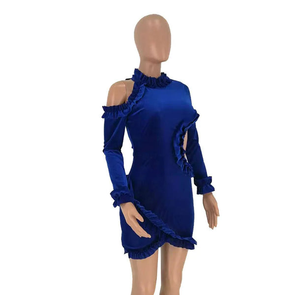 Hollow out velvet ruffel mini dress
