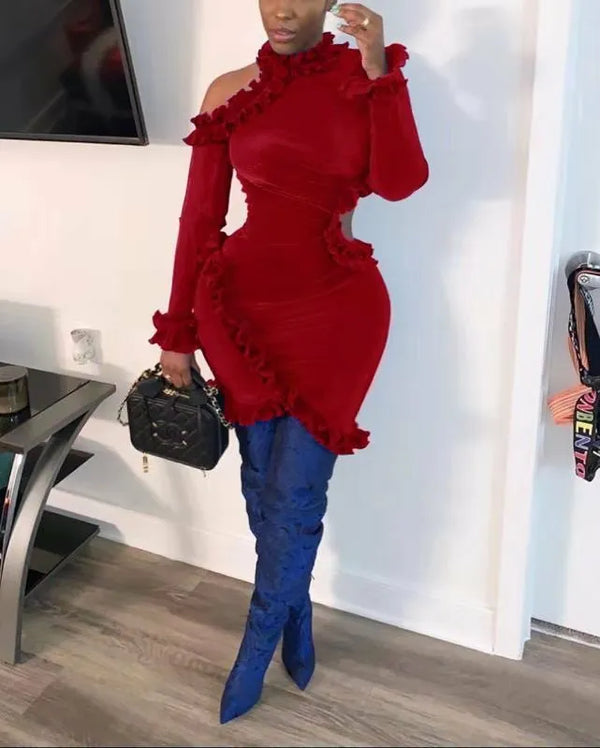 Hollow out velvet ruffel mini dress