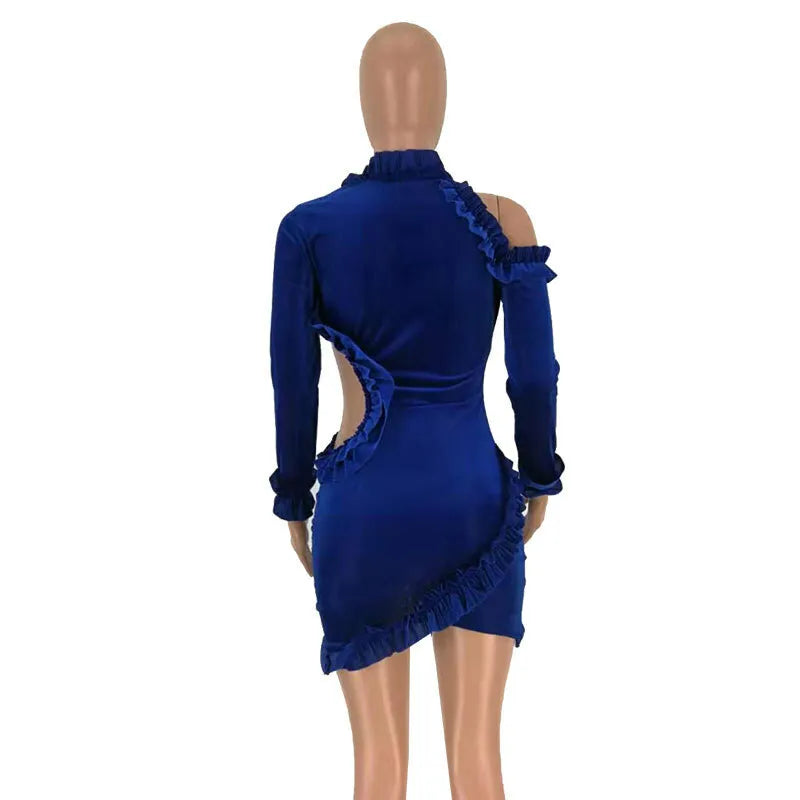 Hollow out velvet ruffel mini dress XD21