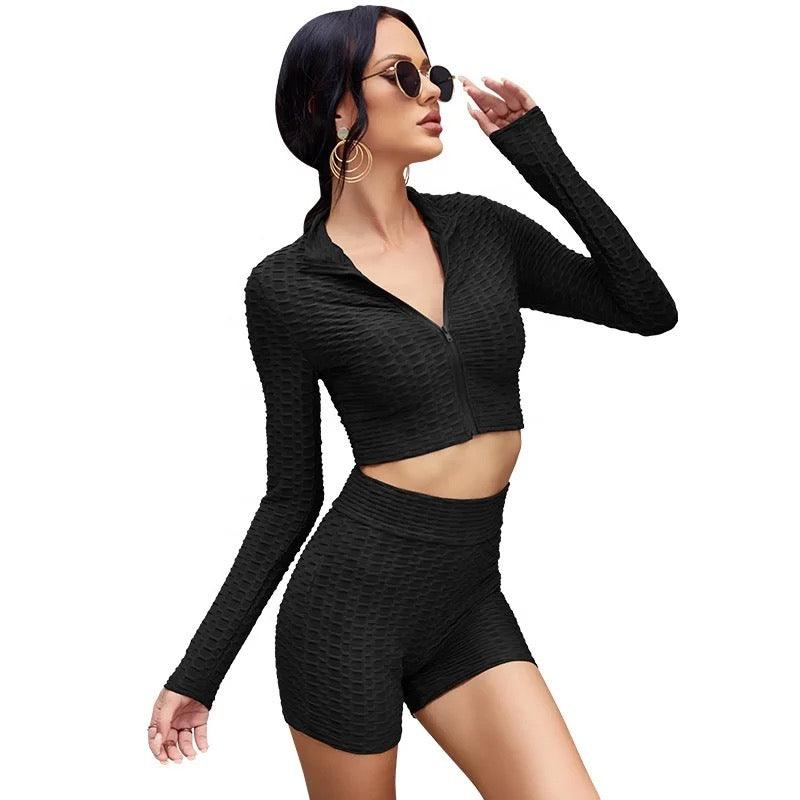 Honeycomb textured zipper crop jacket and shorts - XD21