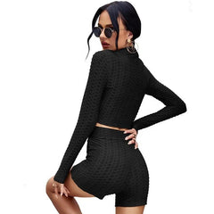 Honeycomb textured zipper crop jacket and shorts - XD21